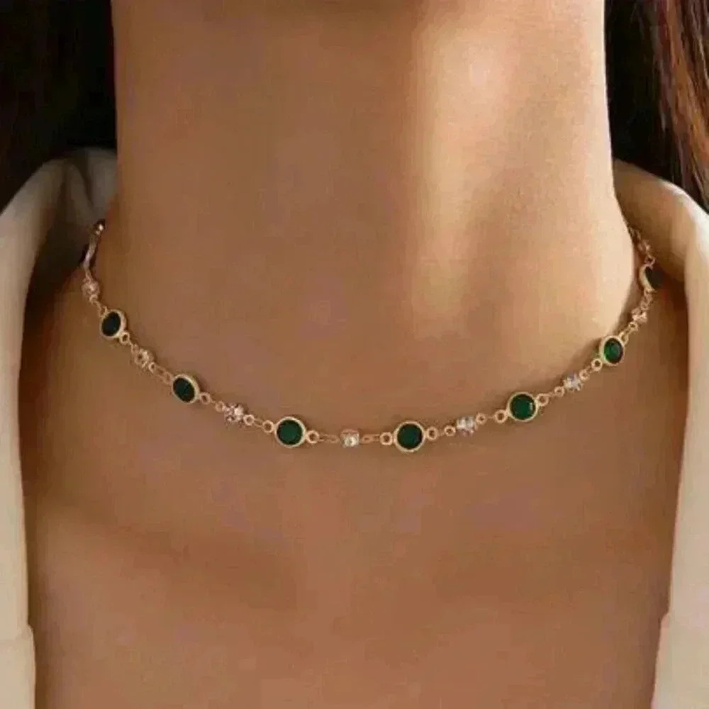 New 14k Gold Filled Necklace with Green Emerald Stones, Dainty, Elegant